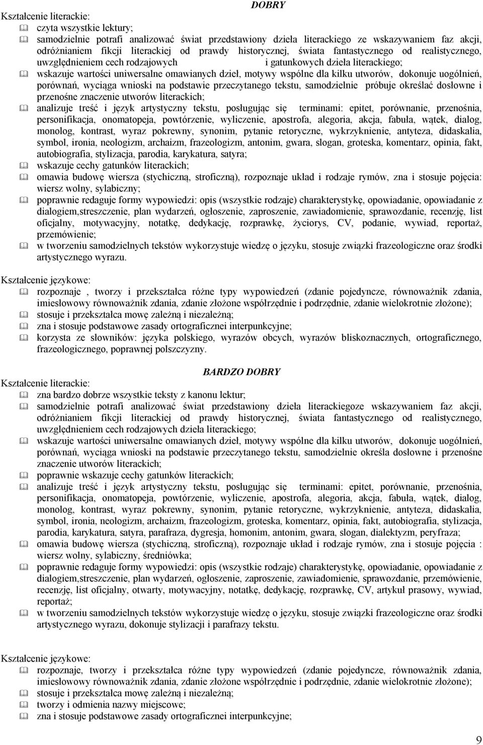 uogólnień, porównań, wyciąga wnioski na podstawie przeczytanego tekstu, samodzielnie próbuje określać dosłowne i przenośne znaczenie utworów literackich; analizuje treść i język artystyczny tekstu,