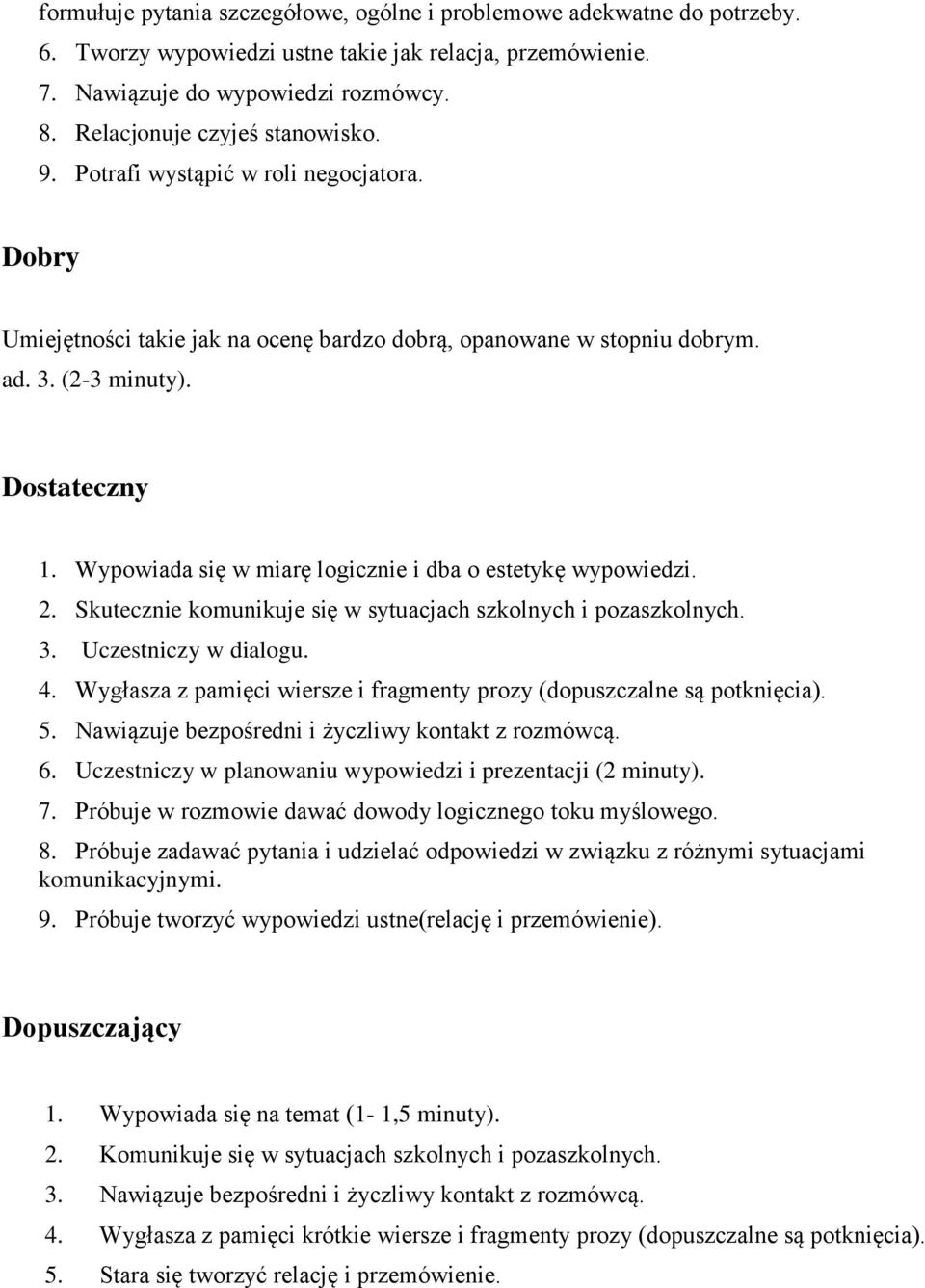 Wypowiada się w miarę logicznie i dba o estetykę wypowiedzi. 2. Skutecznie komunikuje się w sytuacjach szkolnych i pozaszkolnych. 3. Uczestniczy w dialogu. 4.