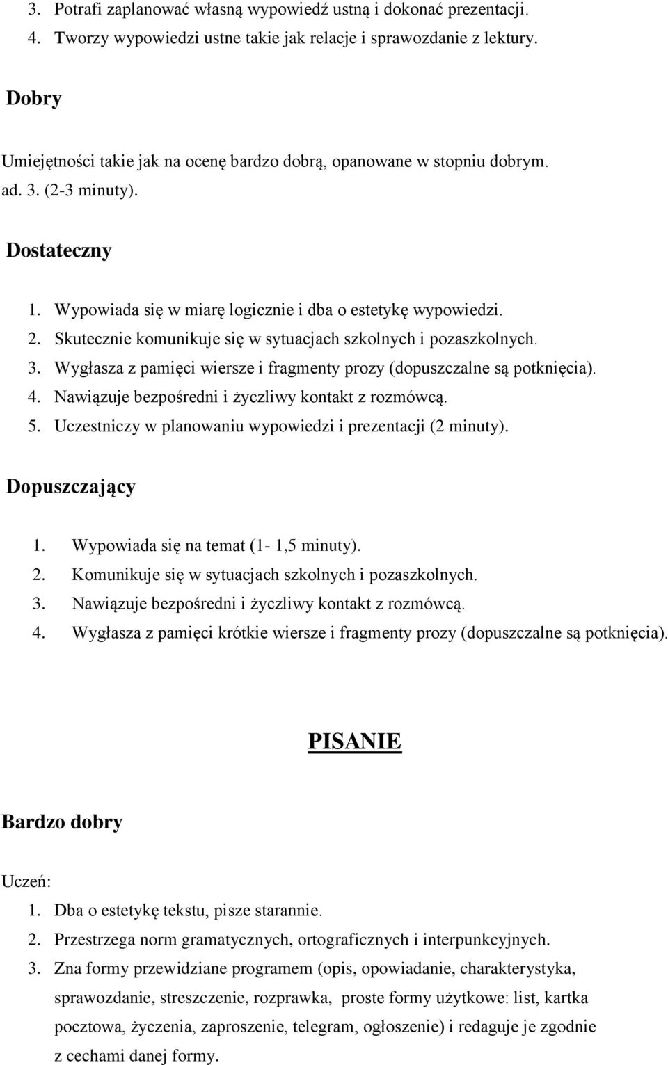 Skutecznie komunikuje się w sytuacjach szkolnych i pozaszkolnych. 3. Wygłasza z pamięci wiersze i fragmenty prozy (dopuszczalne są potknięcia). 4. Nawiązuje bezpośredni i życzliwy kontakt z rozmówcą.