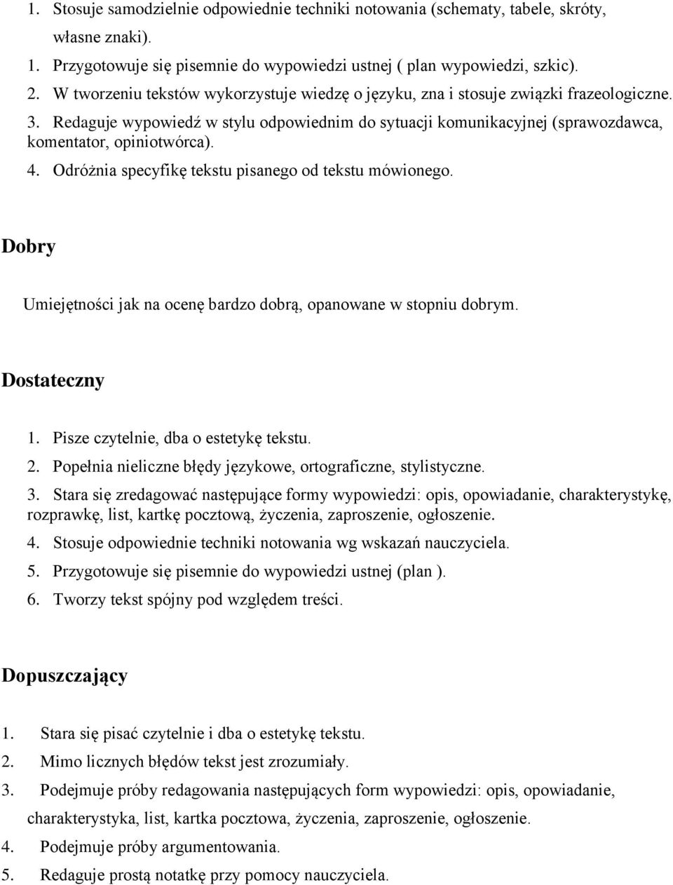 4. Odróżnia specyfikę tekstu pisanego od tekstu mówionego. Dobry Umiejętności jak na ocenę bardzo dobrą, opanowane w stopniu dobrym. Dostateczny 1. Pisze czytelnie, dba o estetykę tekstu. 2.