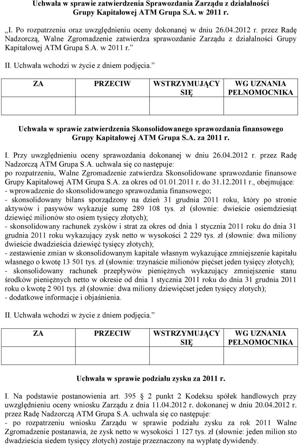 Uchwała w sprawie zatwierdzenia Skonsolidowanego sprawozdania finansowego Grupy Kapitałowej ATM Grupa S.A. za 2011 r. I. Przy uwzględnieniu oceny sprawozdania dokonanej w dniu 26.04.2012 r.