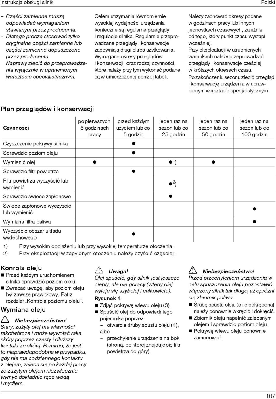 Celem utrzymania równomiernie wysokiej wydajnoœci urz¹dzenia konieczne s¹ regularne przegl¹dy i regulacje silnika. Regularnie przeprowadzane przegl¹dy i konserwacje zapewniaj¹ długi okres u ytkowania.