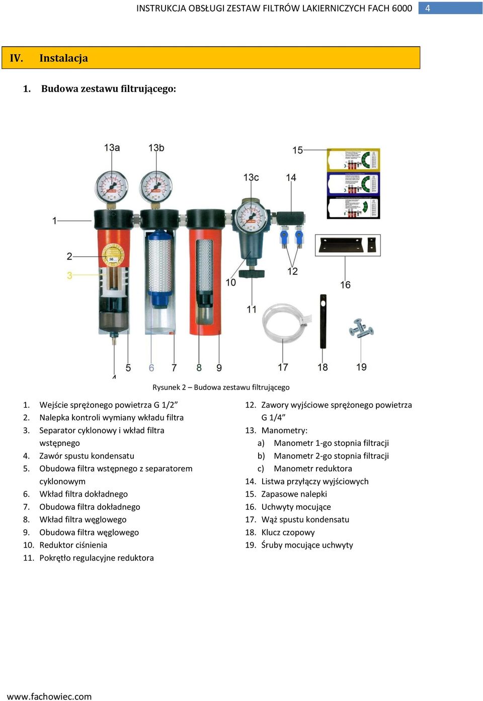 Wkład filtra węglweg 9. Obudwa filtra węglweg 10. Reduktr ciśnienia 11. Pkrętł regulacyjne reduktra 12. Zawry wyjściwe sprężneg pwietrza G 1/4 13.