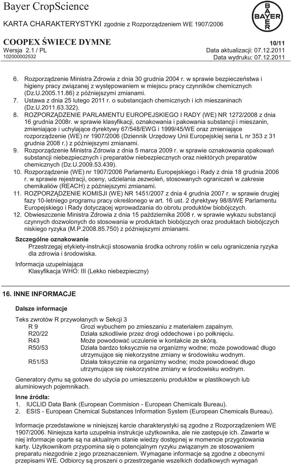 ROZPORZĄDZENIE PARLAMENTU EUROPEJSKIEGO I RADY (WE) NR 1272/2008 z dnia 16 grudnia 2008r.