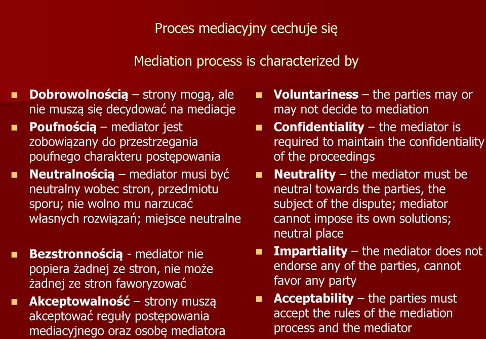 żadnej ze stron, nie może żadnej ze stron faworyzować Akceptowalność strony muszą akceptować reguły postępowania mediacyjnego oraz osobę mediatora Voluntariness the parties may or may not decide to