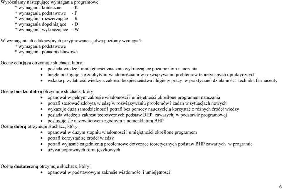 problemów teoretycznych i praktycznych wskaże przydatność wiedzy z zakresu bezpieczeństwa i higieny pracy w praktycznej działalności technika farmaceuty Ocenę bardzo dobrą otrzymuje słuchacz, który: