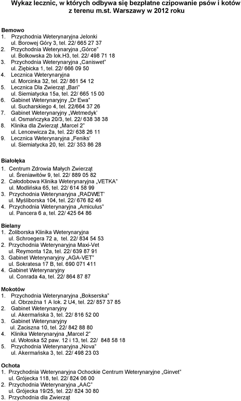 22/ 861 54 12 5. Lecznica Dla Zwierząt Bari ul. Siemiatycka 15a, tel. 22/ 665 15 00 6. Gabinet Weterynaryjny Dr Ewa ul. Sucharskiego 4, tel. 22/664 37 26 7. Gabinet Weterynaryjny Wetmedyk ul.