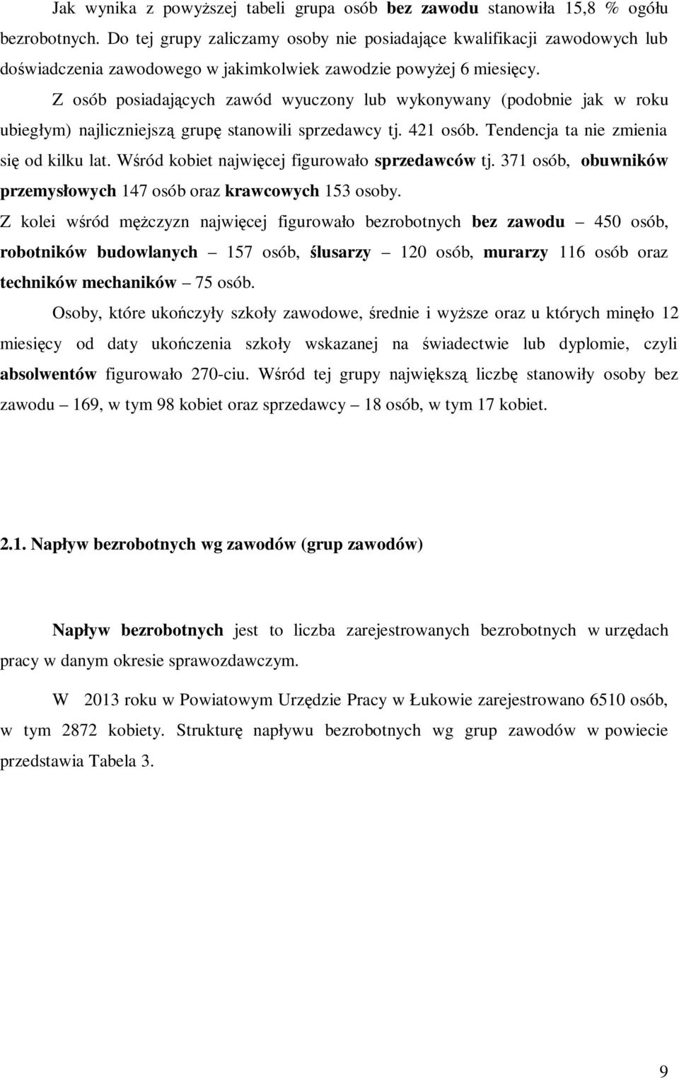 Z osób posiadających zawód wyuczony lub wykonywany (podobnie jak w roku ubiegłym) najliczniejszą grupę stanowili sprzedawcy tj. 421 osób. Tendencja ta nie zmienia się od kilku lat.