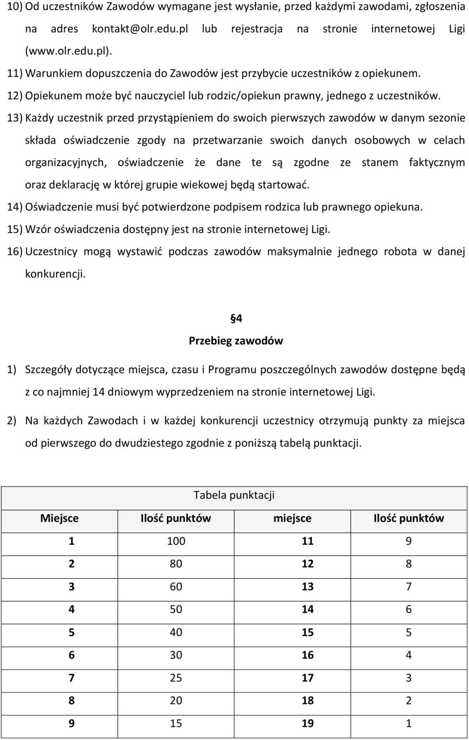 13) Każdy uczestnik przed przystąpieniem do swoich pierwszych zawodów w danym sezonie składa oświadczenie zgody na przetwarzanie swoich danych osobowych w celach organizacyjnych, oświadczenie że dane