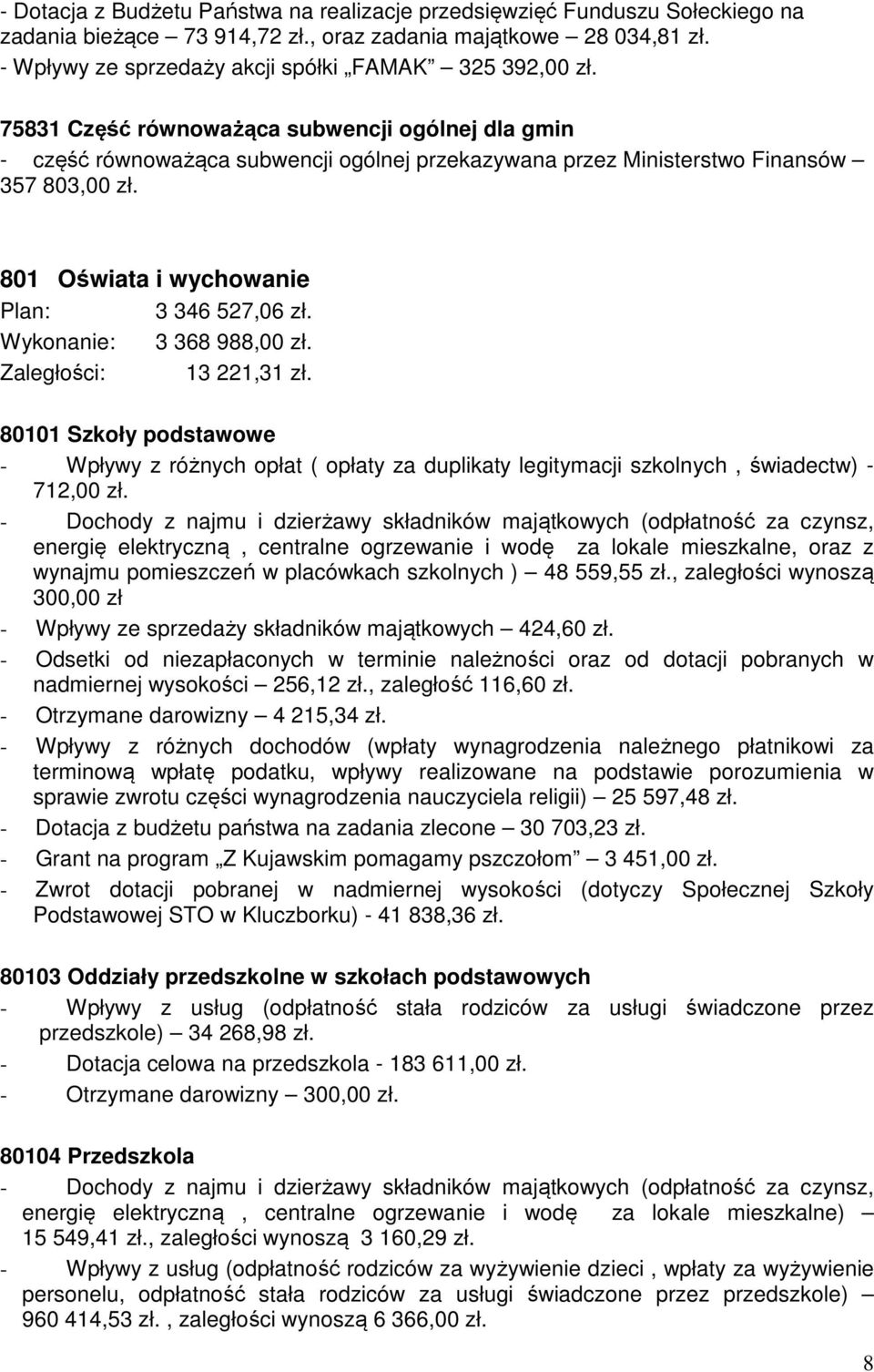 801 Oświata i wychowanie Plan: 3 346 527,06 zł. Wykonanie: 3 368 988,00 zł. Zaległości: 13 221,31 zł.