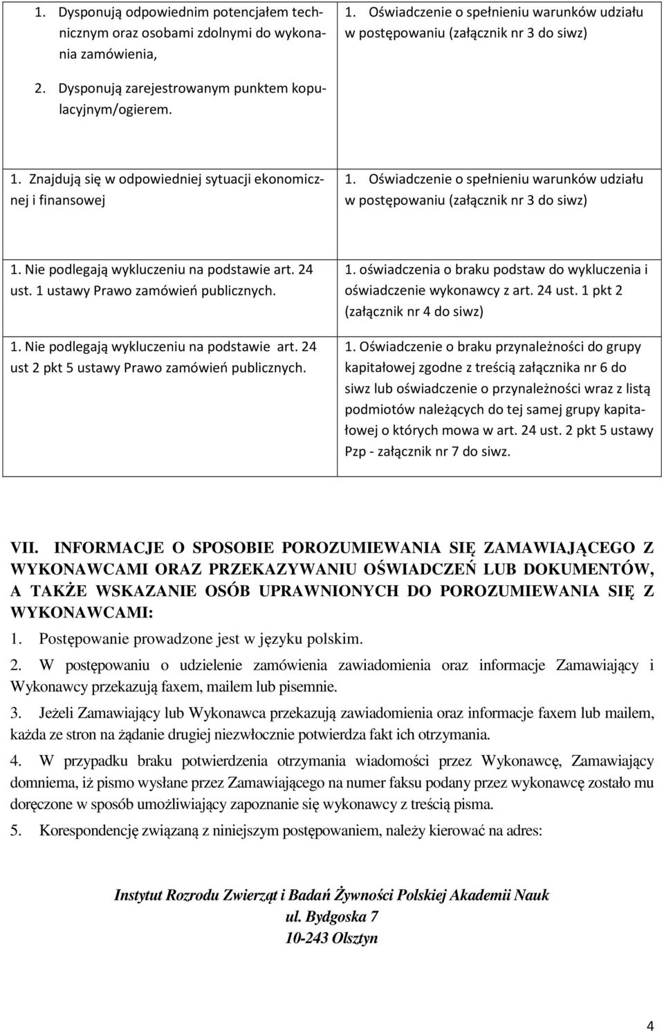 Oświadczenie o spełnieniu warunków udziału w postępowaniu (załącznik nr 3 do siwz) 1. Nie podlegają wykluczeniu na podstawie art. 24 ust. 1 ustawy Prawo zamówień publicznych. 1. Nie podlegają wykluczeniu na podstawie art. 24 ust 2 pkt 5 ustawy Prawo zamówień publicznych.