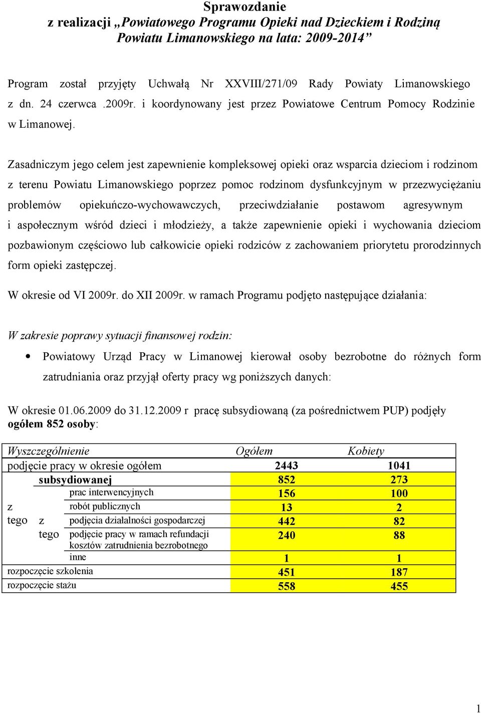 Zasadniczym jego celem jest zapewnienie kompleksowej opieki oraz wsparcia dzieciom i rodzinom z terenu Powiatu Limanowskiego poprzez pomoc rodzinom dysfunkcyjnym w przezwyciężaniu problemów