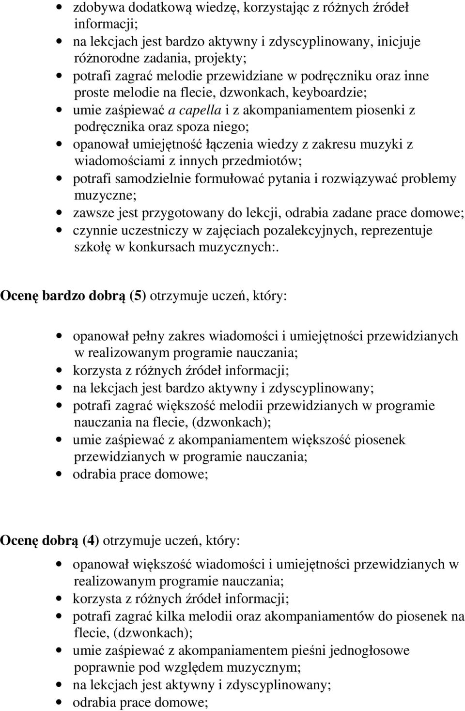 zakresu muzyki z wiadomościami z innych przedmiotów; potrafi samodzielnie formułować pytania i rozwiązywać problemy muzyczne; zawsze jest przygotowany do lekcji, odrabia zadane prace domowe; czynnie