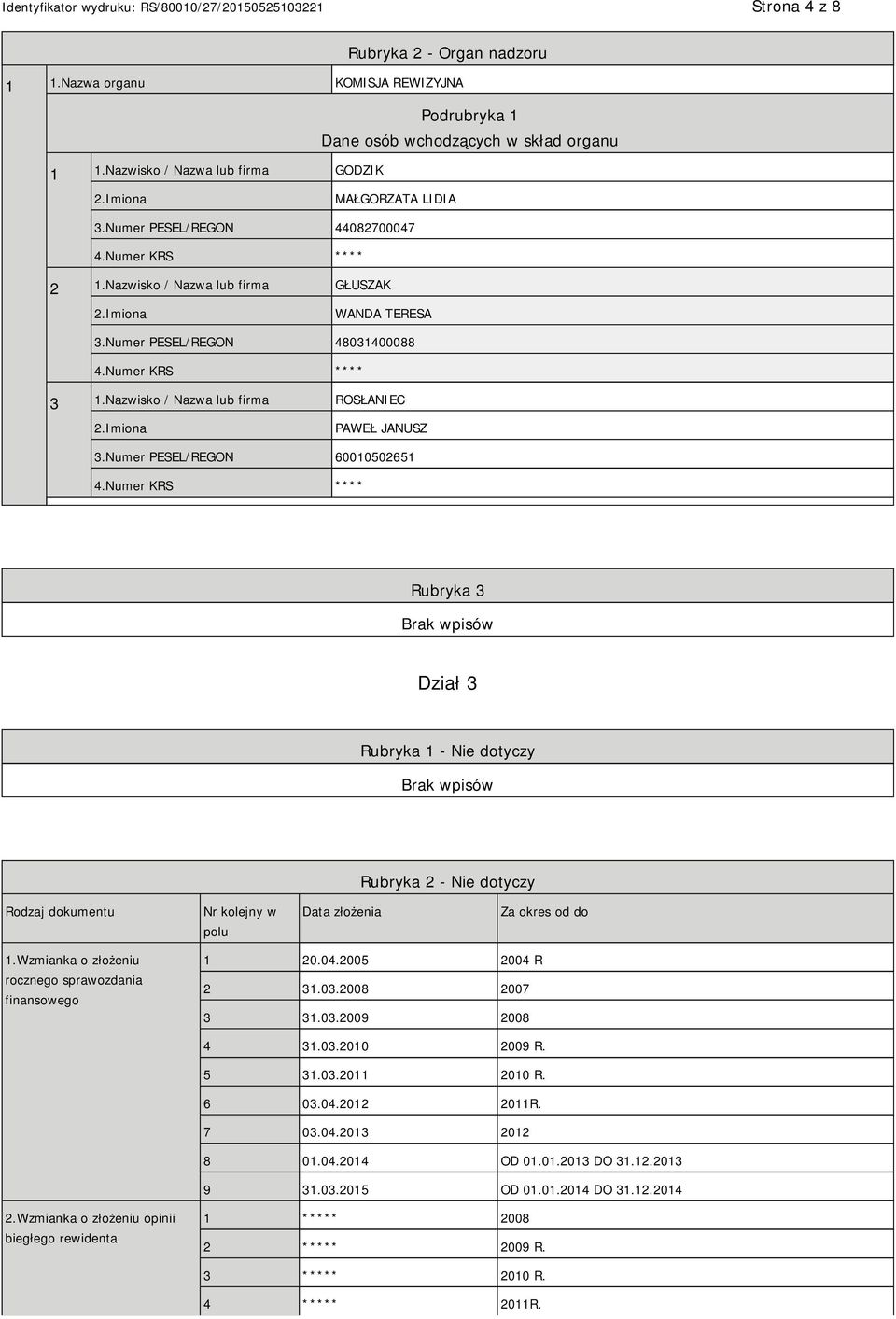 Numer PESEL/REGON 60010502651 Rubryka 3 Dział 3 Rubryka 1 - Nie dotyczy Rubryka 2 - Nie dotyczy Rodzaj dokumentu Nr kolejny w polu Data złożenia Za okres od do 1.