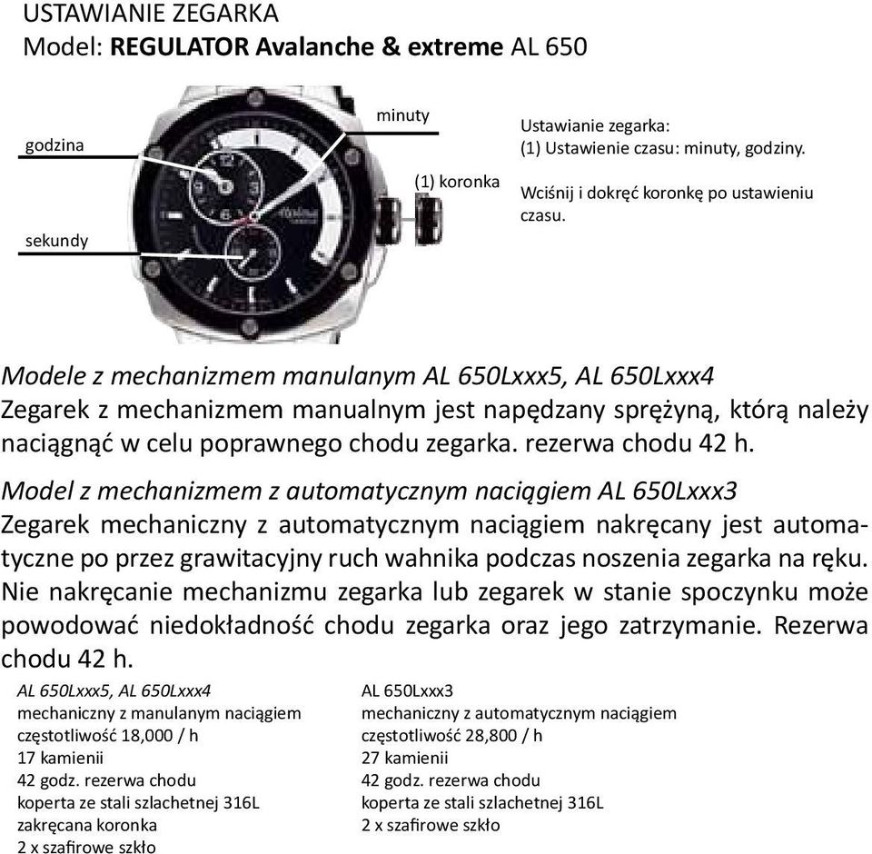Modele z mechanizmem manulanym AL 650Lxxx5, AL 650Lxxx4 Zegarek z mechanizmem manualnym jest napędzany sprężyną, którą należy naciągnąć w celu poprawnego chodu zegarka. rezerwa chodu 42 h.