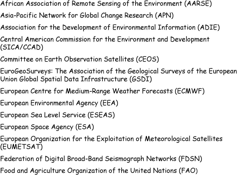 Global Spatial Data Infrastructure (GSDI) European Centre for Medium-Range Weather Forecasts (ECMWF) European Environmental Agency (EEA) European Sea Level Service (ESEAS) European Space Agency (ESA)