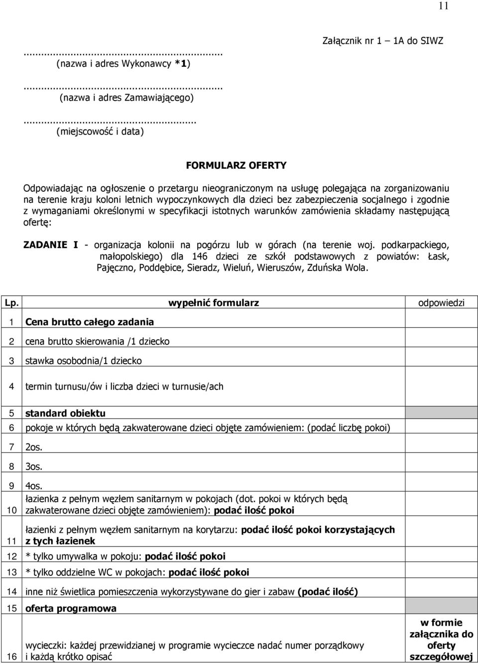 zabezpieczenia socjalnego i zgodnie z wymaganiami określonymi w specyfikacji istotnych warunków zamówienia składamy następującą ofertę: ZADANIE I - organizacja kolonii na pogórzu lub w górach (na