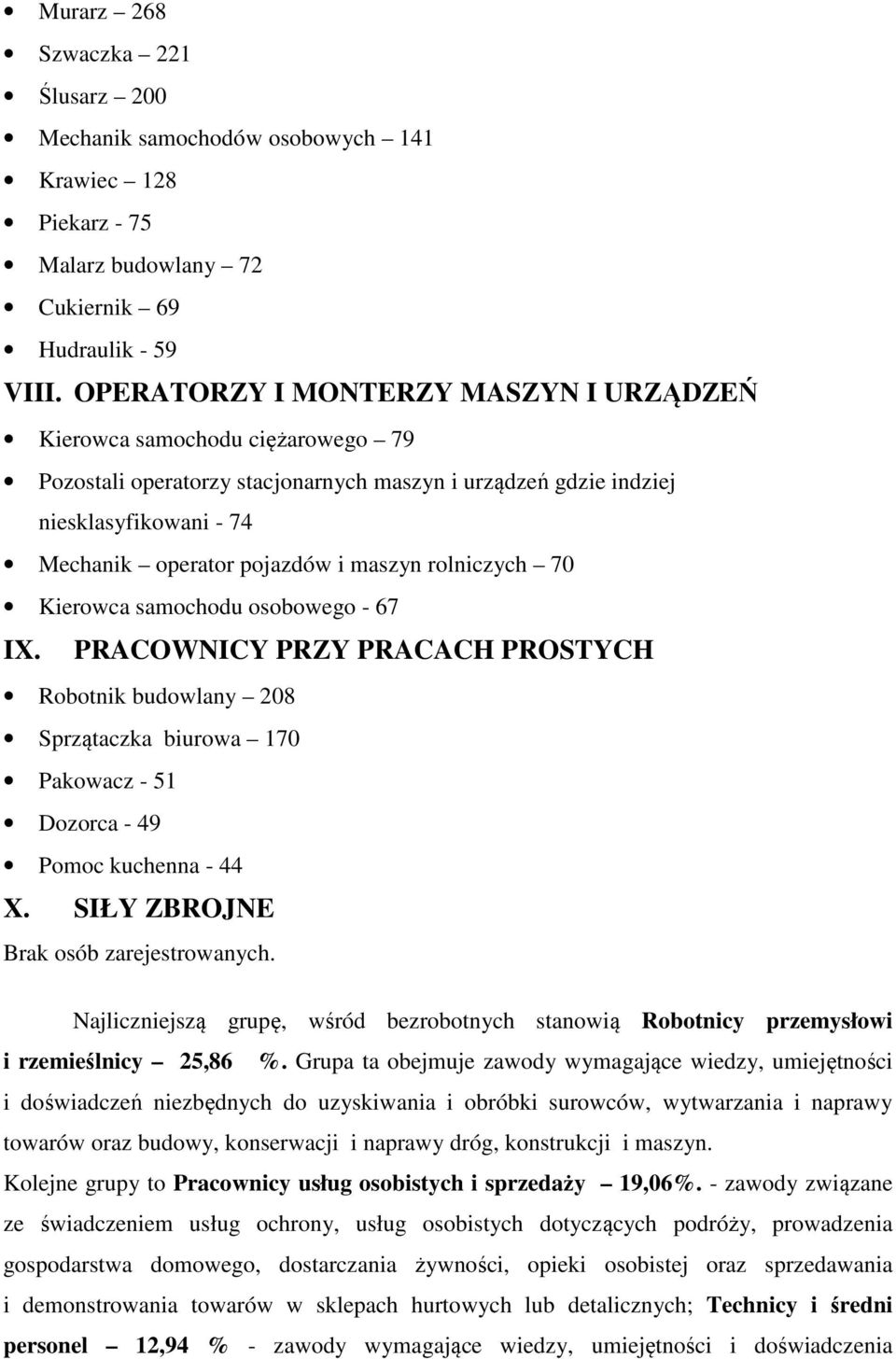 rolniczych 70 Kierowca samochodu osobowego - 67 IX. PRACOWNICY PRZY PRACACH PROSTYCH Robotnik budowlany 208 Sprzątaczka biurowa 170 Pakowacz - 51 Dozorca - 49 Pomoc kuchenna - 44 X.