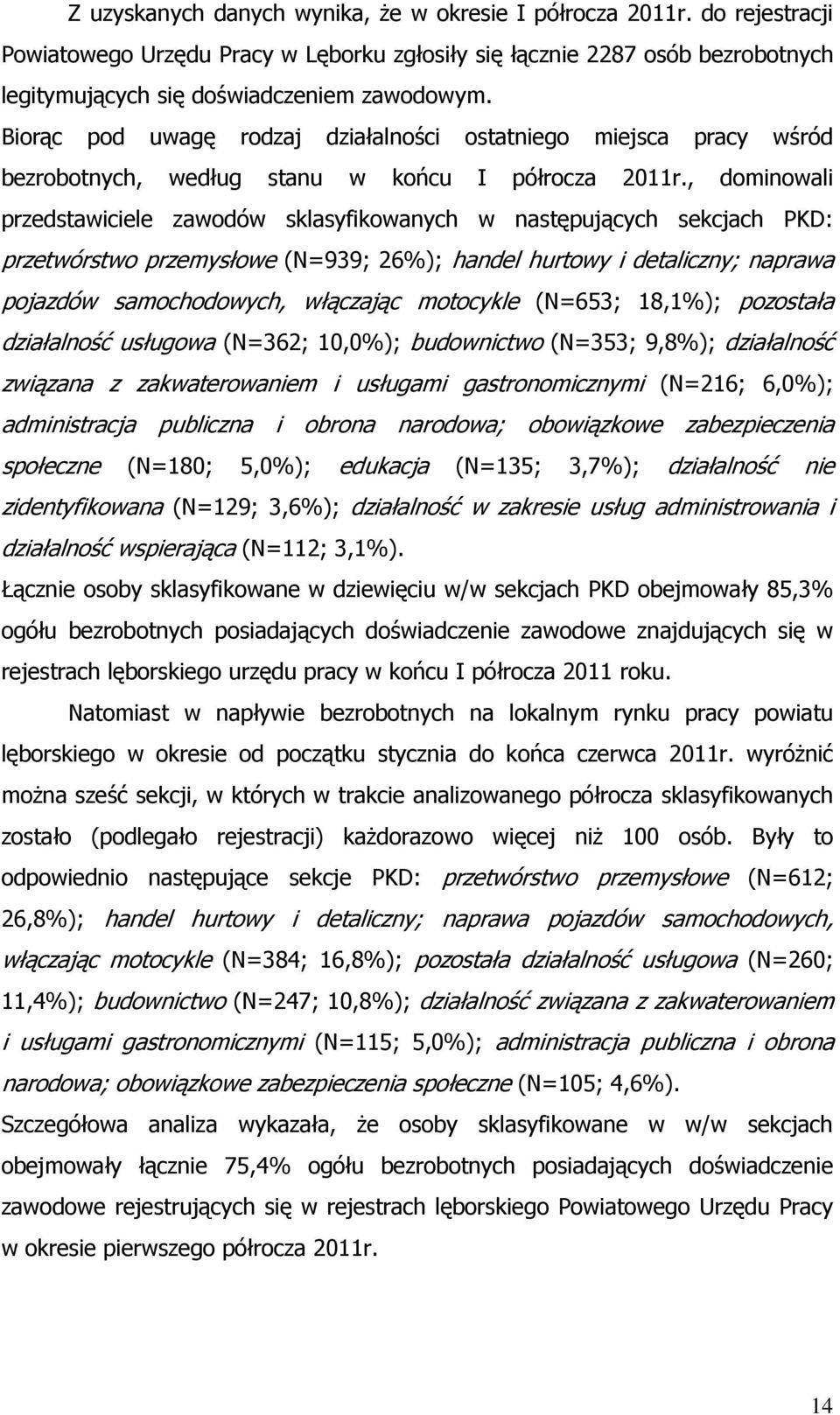 , dominowali przedstawiciele zawodów sklasyfikowanych w następujących sekcjach PKD: przetwórstwo przemysłowe (N=939; 26%); handel hurtowy i detaliczny; naprawa pojazdów samochodowych, włączając