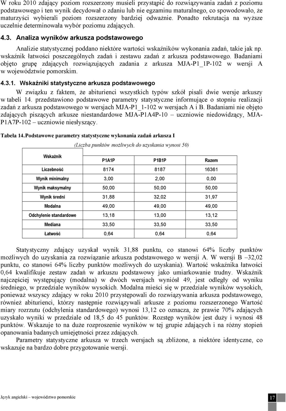 Analiza wyników arkusza podstawowego Analizie statystycznej poddano niektóre wartości wskaźników wykonania zadań, takie jak np.