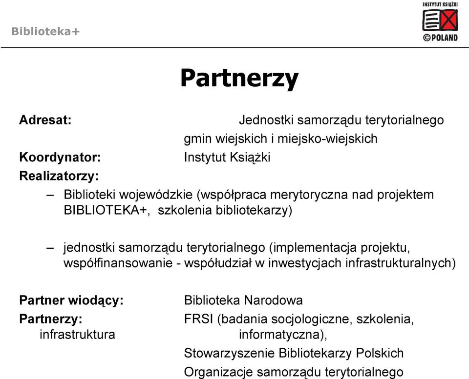 (implementacja projektu, współfinansowanie - współudział w inwestycjach infrastrukturalnych) Partner wiodący: Partnerzy: infrastruktura