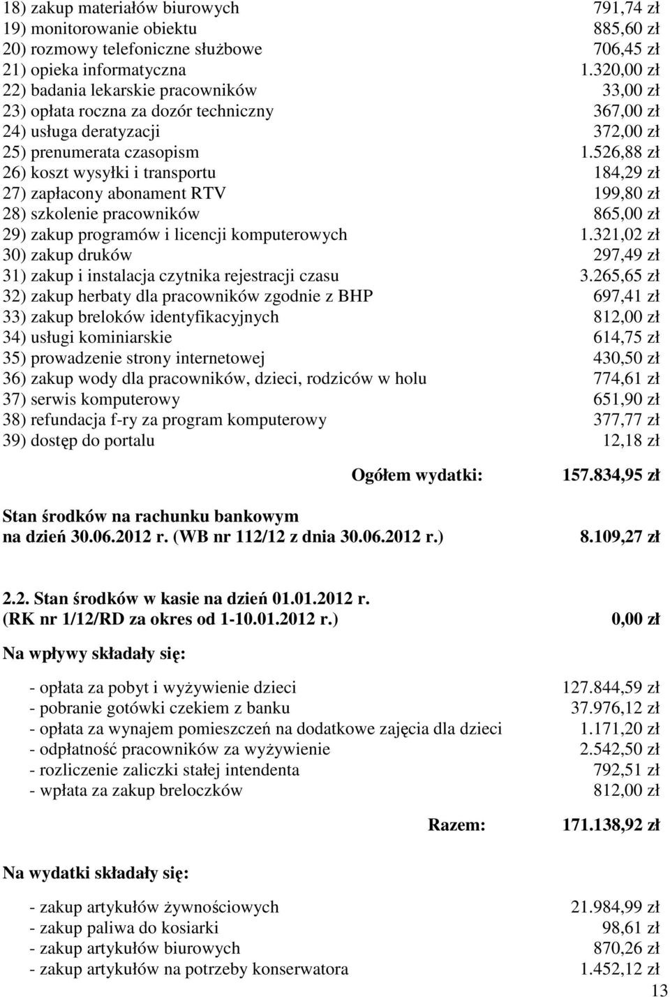 526,88 zł 26) koszt wysyłki i transportu 184,29 zł 27) zapłacony abonament RTV 199,80 zł 28) szkolenie pracowników 865,00 zł 29) zakup programów i licencji komputerowych 1.