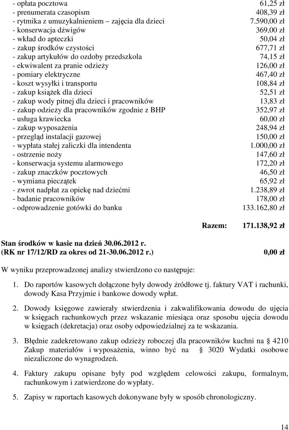 pomiary elektryczne 467,40 zł - koszt wysyłki i transportu 108,84 zł - zakup książek dla dzieci 52,51 zł - zakup wody pitnej dla dzieci i pracowników 13,83 zł - zakup odzieży dla pracowników zgodnie