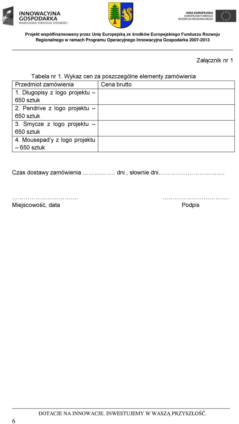 brutto 1. Długopisy z logo projektu 2. Pendrive z logo projektu 3.