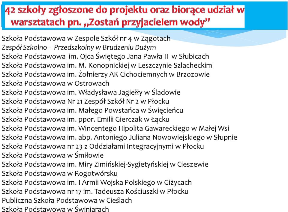 Władysława Jagiełły w Śladowie Szkoła Podstawowa Nr 21 Zespół Szkół Nr 2 w Płocku Szkoła Podstawowa im. Małego Powstańca w Święcieńcu Szkoła Podstawowa im. ppor.
