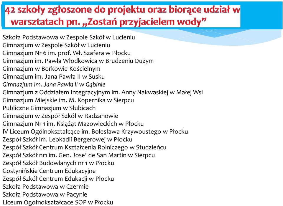 Anny Nakwaskiej w Małej Wsi Gimnazjum Miejskie im. M. Kopernika w Sierpcu Publiczne Gimnazjum w Słubicach Gimnazjum w Zespół Szkół w Radzanowie Gimnazjum Nr 1 im.