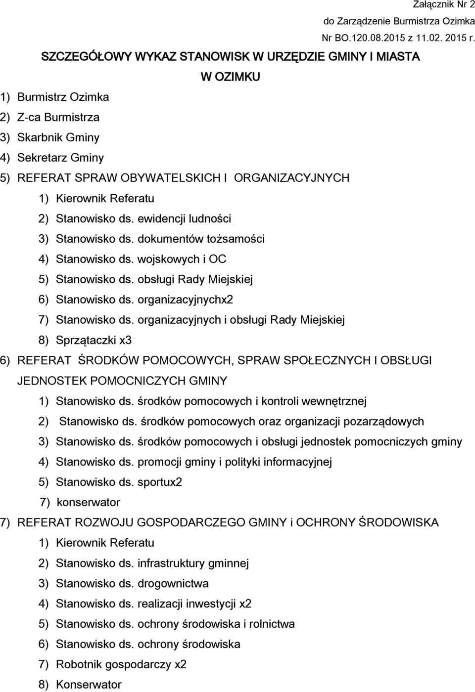 Kierownik Referatu 2) Stanowisko ds. ewidencji ludności 3) Stanowisko ds. dokumentów tożsamości 4) Stanowisko ds. wojskowych i OC 5) Stanowisko ds. obsługi Rady Miejskiej 6) Stanowisko ds.