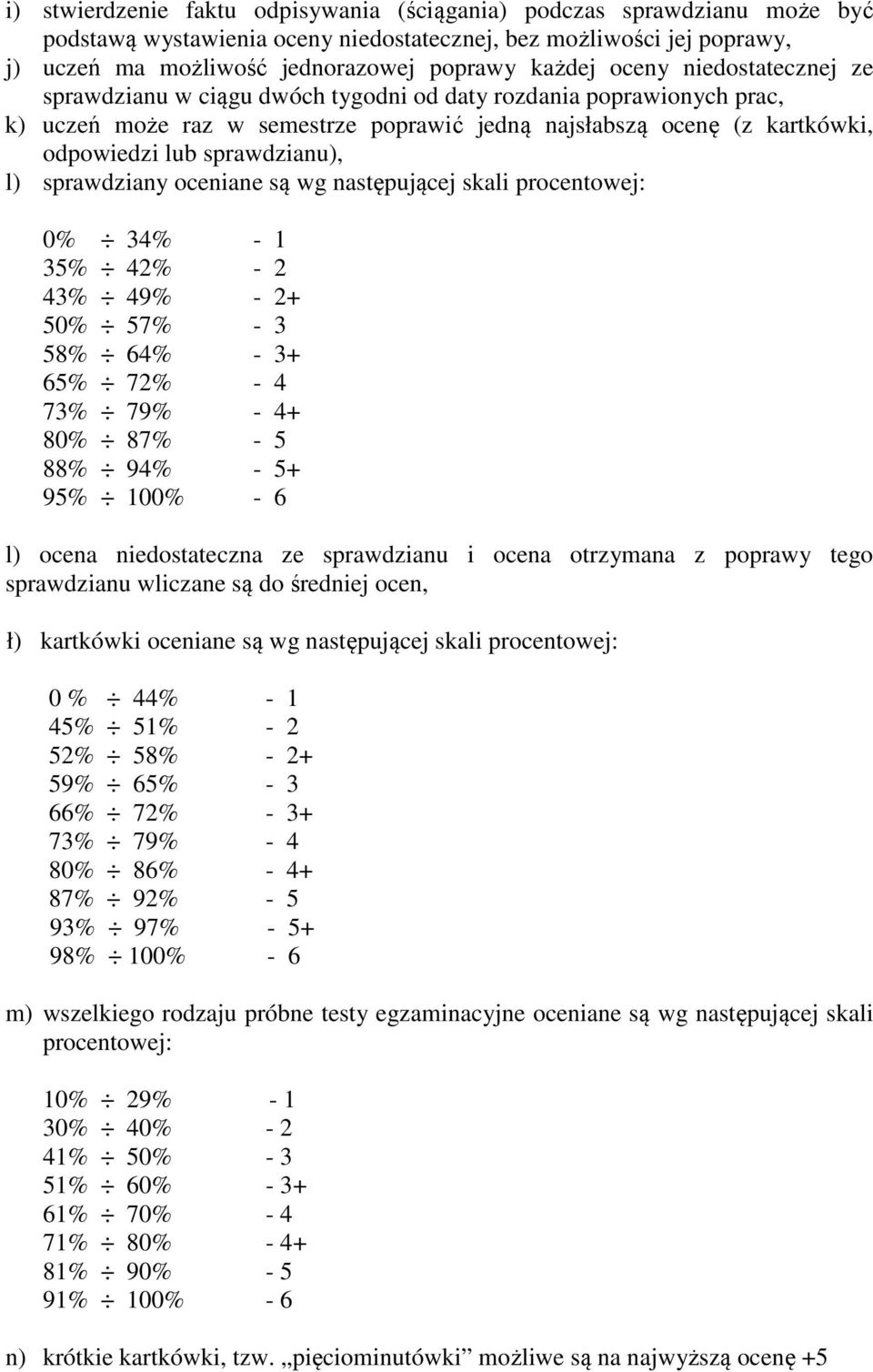 l) sprawdziany oceniane są wg następującej skali procentowej: 0% 34% - 1 35% 42% - 2 43% 49% - 2+ 50% 57% - 3 58% 64% - 3+ 65% 72% - 4 73% 79% - 4+ 80% 87% - 5 88% 94% - 5+ 95% 100% - 6 l) ocena