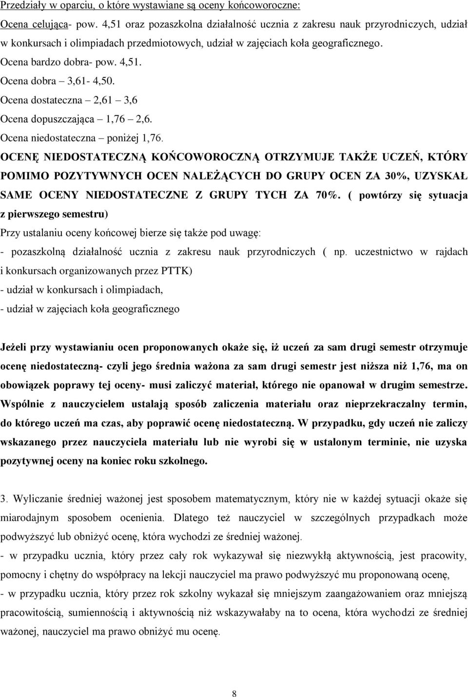 Ocena dobra 3,61-4,50. Ocena dostateczna 2,61 3,6 Ocena dopuszczająca 1,76 2,6. Ocena niedostateczna poniżej 1,76.