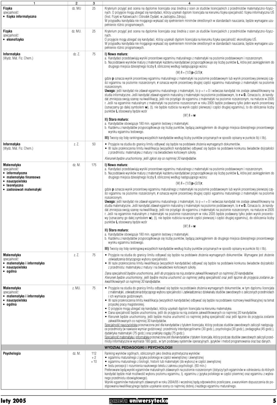 W przypadku kandydata nie mogącego wykazać się spełnieniem minimów określonych w standardach nauczania, będzie wymagane uzupełnienie różnic programowych. Fizyka ekonofizyka Informatyka (Wydz. Mat.