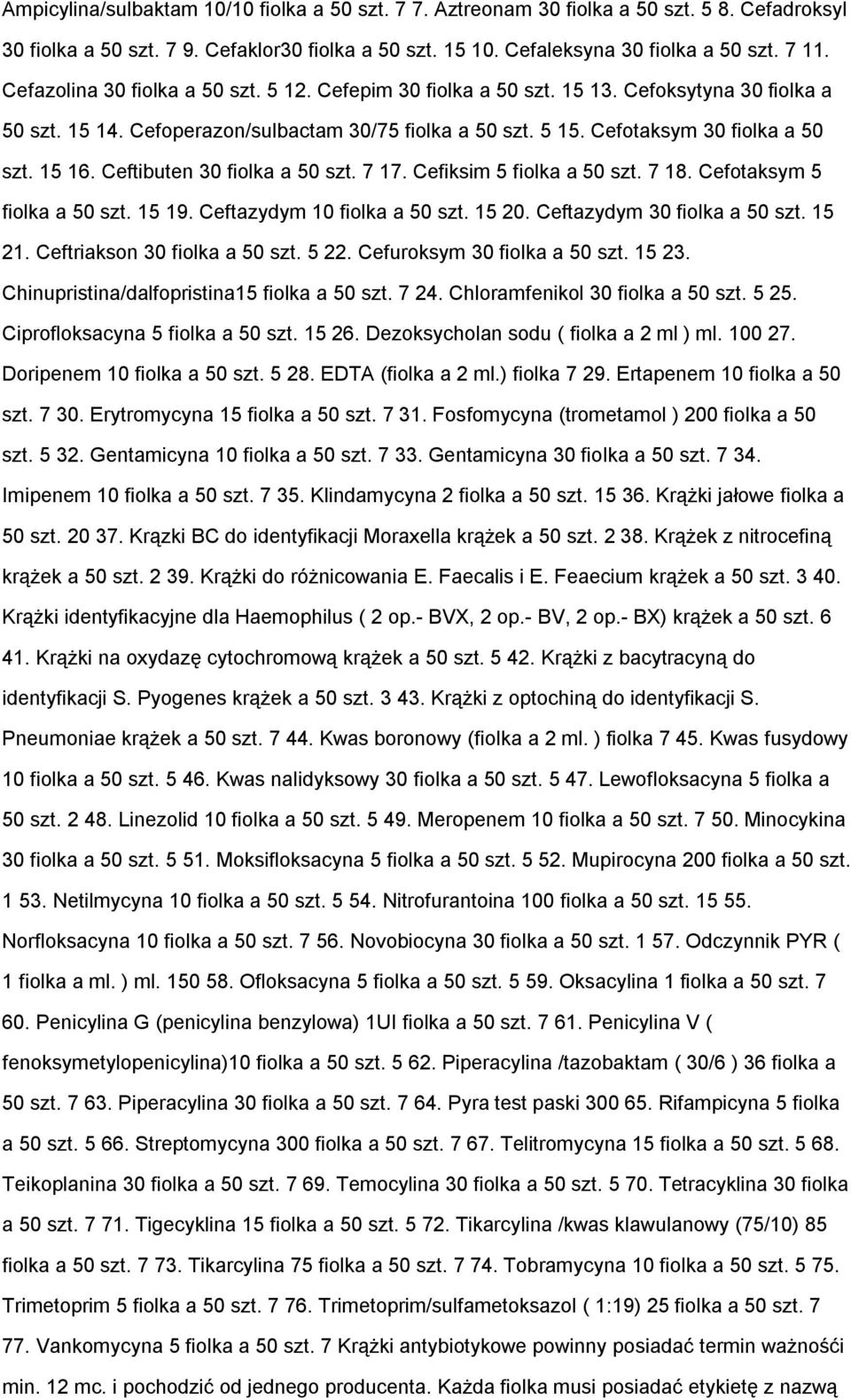 Ceftibuten 30 fiolka a 50 szt. 7 17. Cefiksim 5 fiolka a 50 szt. 7 18. Cefotaksym 5 fiolka a 50 szt. 15 19. Ceftazydym 10 fiolka a 50 szt. 15 20. Ceftazydym 30 fiolka a 50 szt. 15 21.