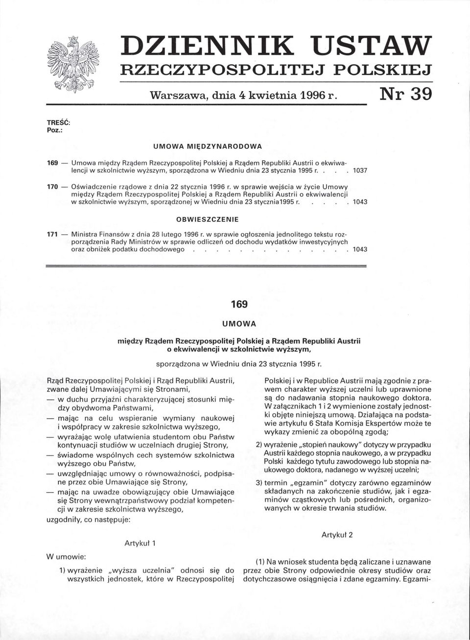 . 1037 170 - Oświadczenie rządowe z dnia 22 stycznia 1996 r.