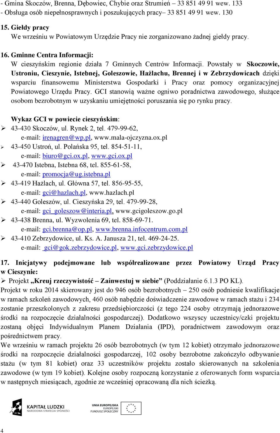 Powstały w Skoczowie, Ustroniu, Cieszynie, Istebnej, Goleszowie, Hażlachu, Brennej i w Zebrzydowicach dzięki wsparciu finansowemu Ministerstwa Gospodarki i Pracy oraz pomocy organizacyjnej