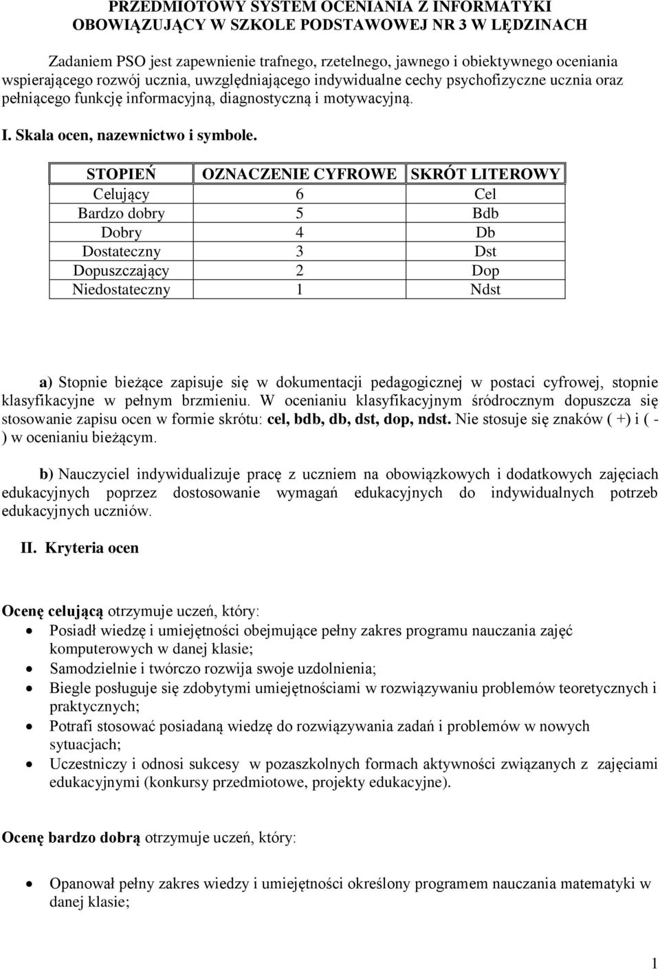 STOPIEŃ OZNACZENIE CYFROWE SKRÓT LITEROWY Celujący 6 Cel Bardzo dobry 5 Bdb Dobry 4 Db Dostateczny 3 Dst Dopuszczający 2 Dop Niedostateczny 1 Ndst a) Stopnie bieżące zapisuje się w dokumentacji