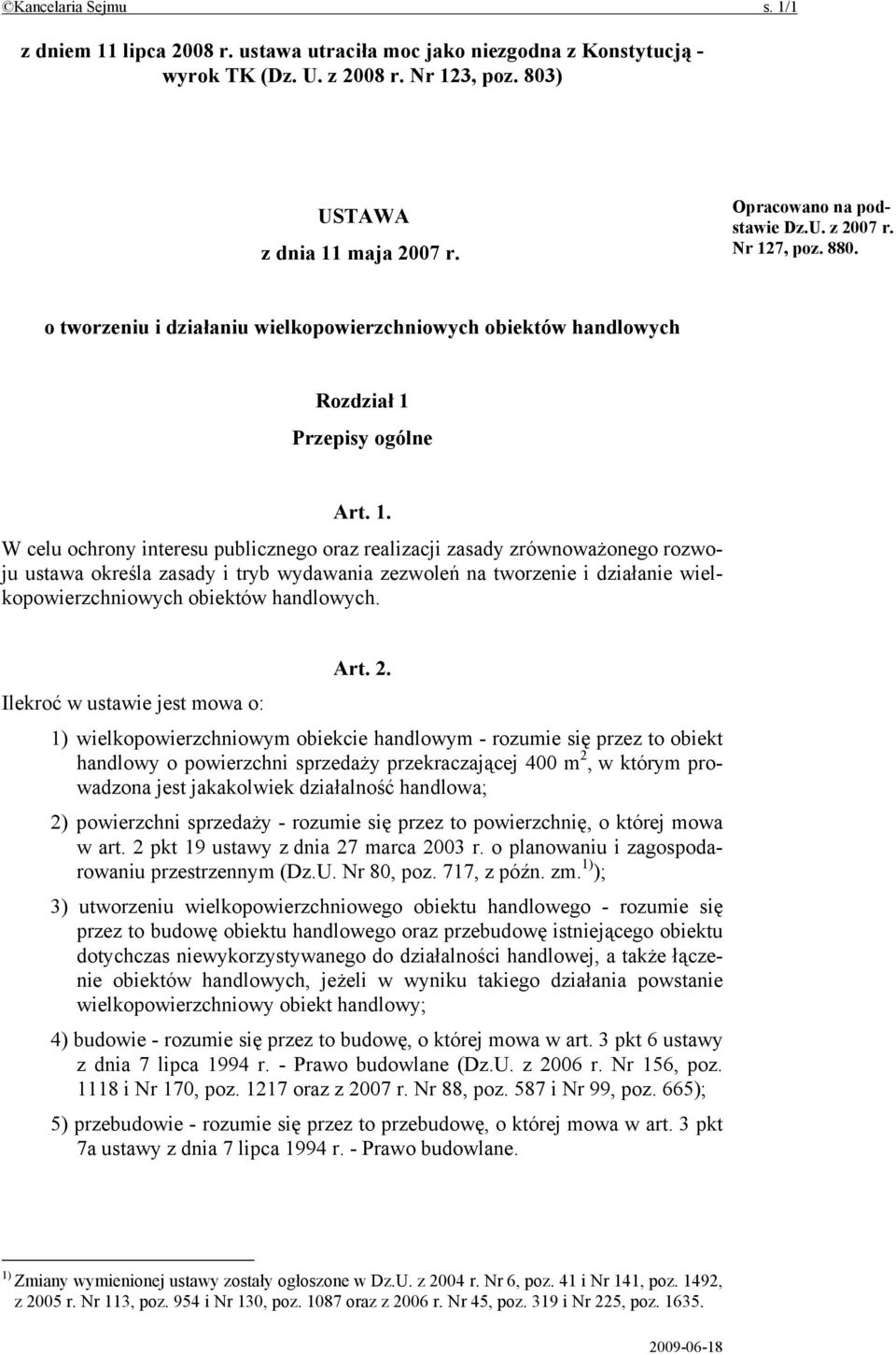 7, poz. 880. o tworzeniu i działaniu wielkopowierzchniowych obiektów handlowych Rozdział 1 