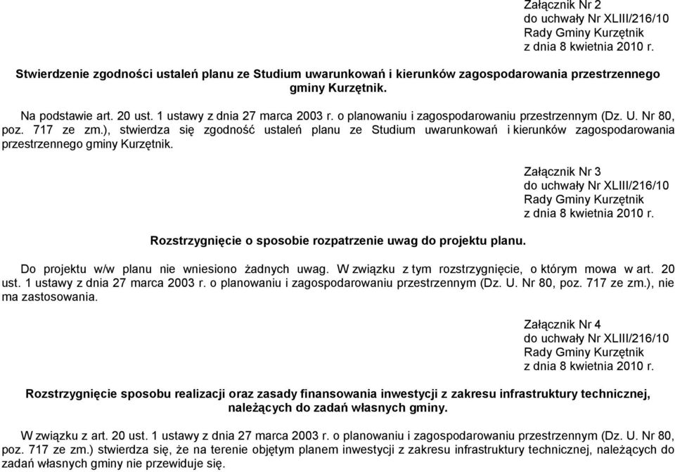 Rozstrzygnięcie o sposobie rozpatrzenie uwag do projektu planu. Załącznik Nr 3 Do projektu w/w planu nie wniesiono żadnych uwag. W związku z tym rozstrzygnięcie, o którym mowa w art. 20 ust.