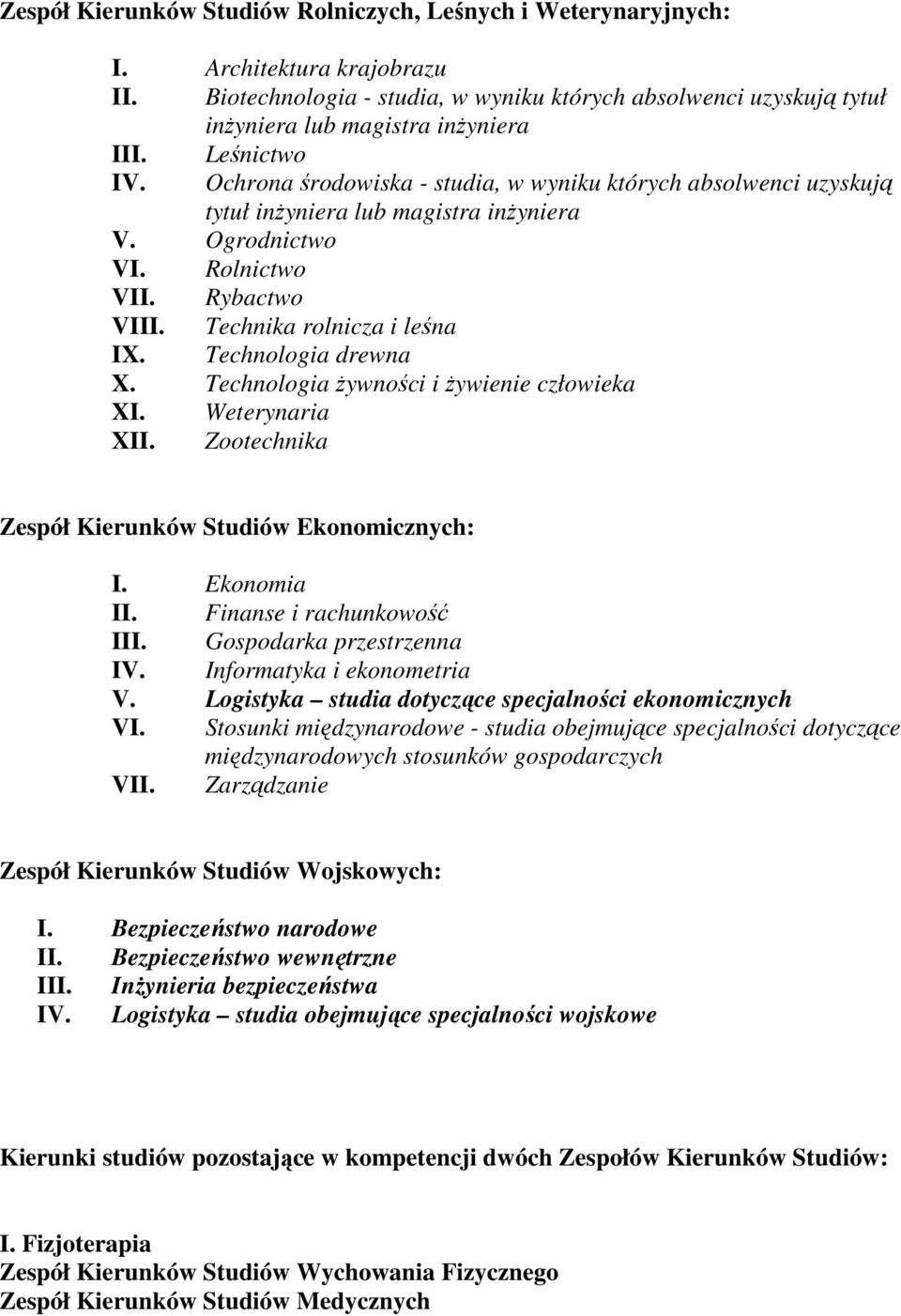 Technologia drewna X. Technologia Ŝywności i Ŝywienie człowieka XI. Weterynaria XII. Zootechnika Zespół Kierunków Studiów Ekonomicznych: I. Ekonomia II. Finanse i rachunkowość III.