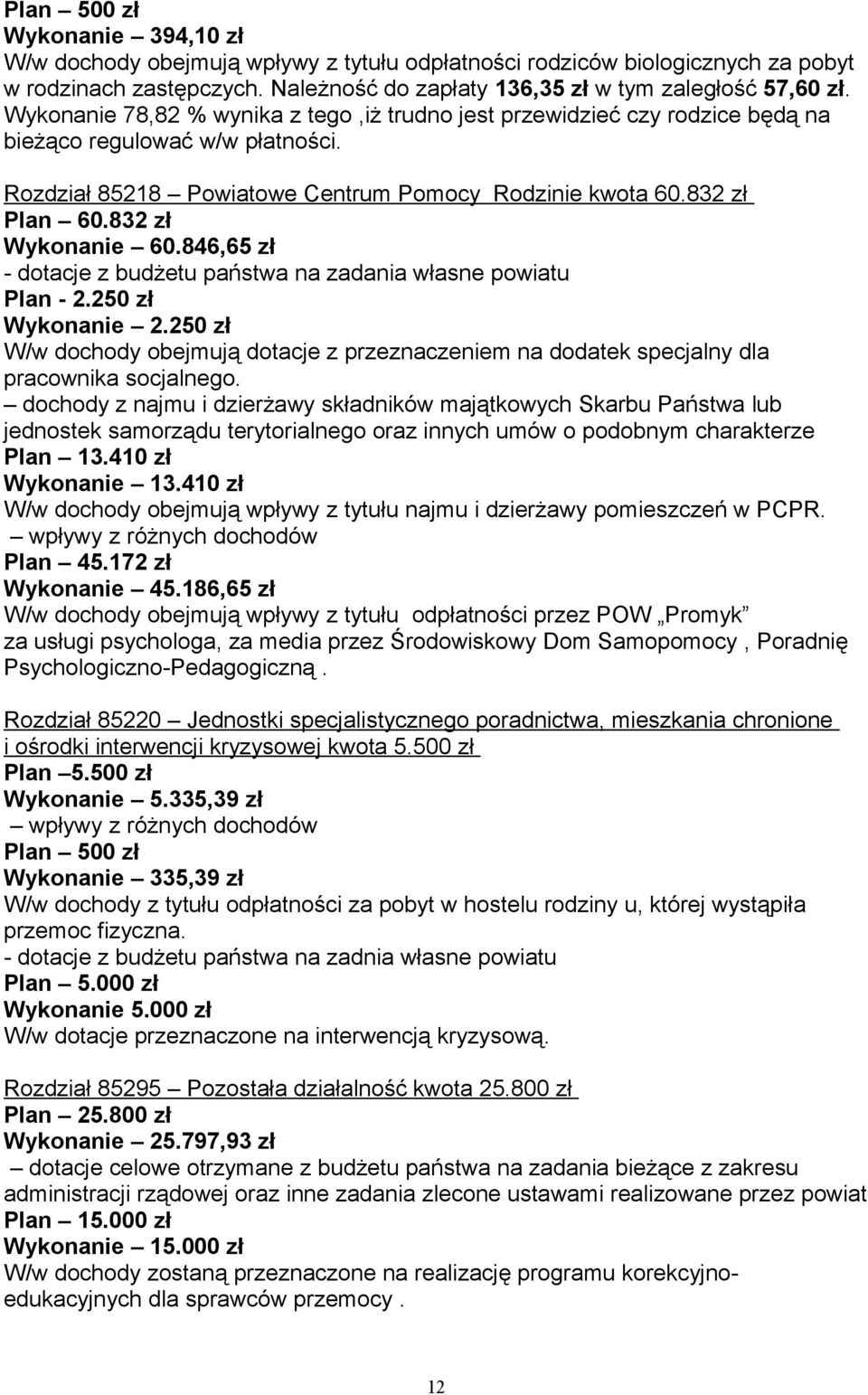 832 zł Wykonanie 60.846,65 zł - dotacje z budżetu państwa na zadania własne powiatu Plan - 2.250 zł Wykonanie 2.