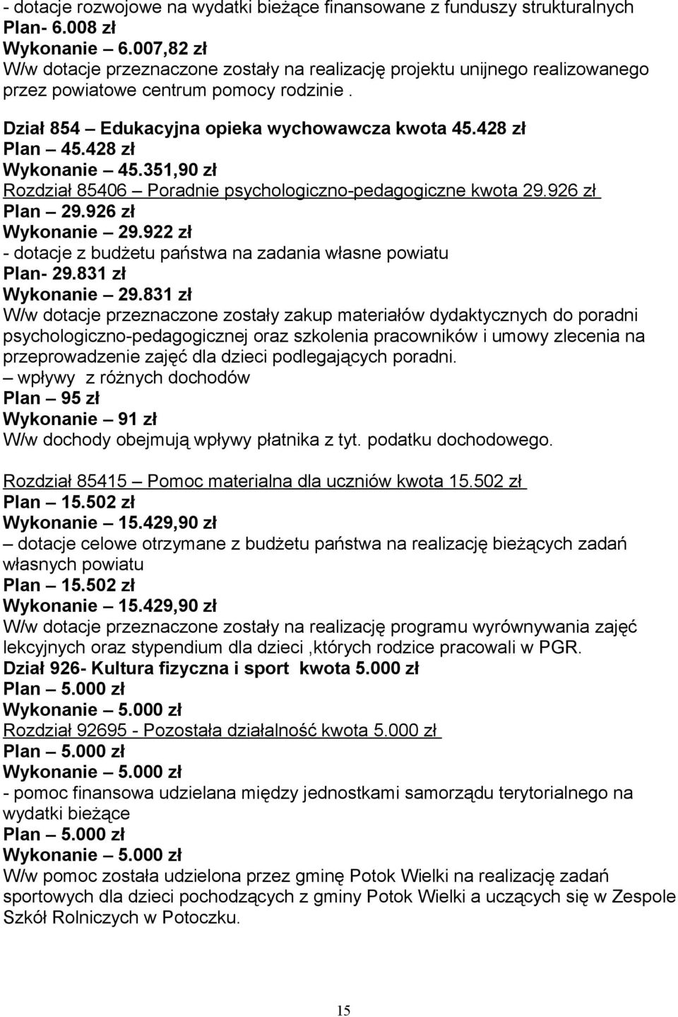 428 zł Wykonanie 45.351,90 zł Rozdział 85406 Poradnie psychologiczno-pedagogiczne kwota 29.926 zł Plan 29.926 zł Wykonanie 29.922 zł - dotacje z budżetu państwa na zadania własne powiatu Plan- 29.
