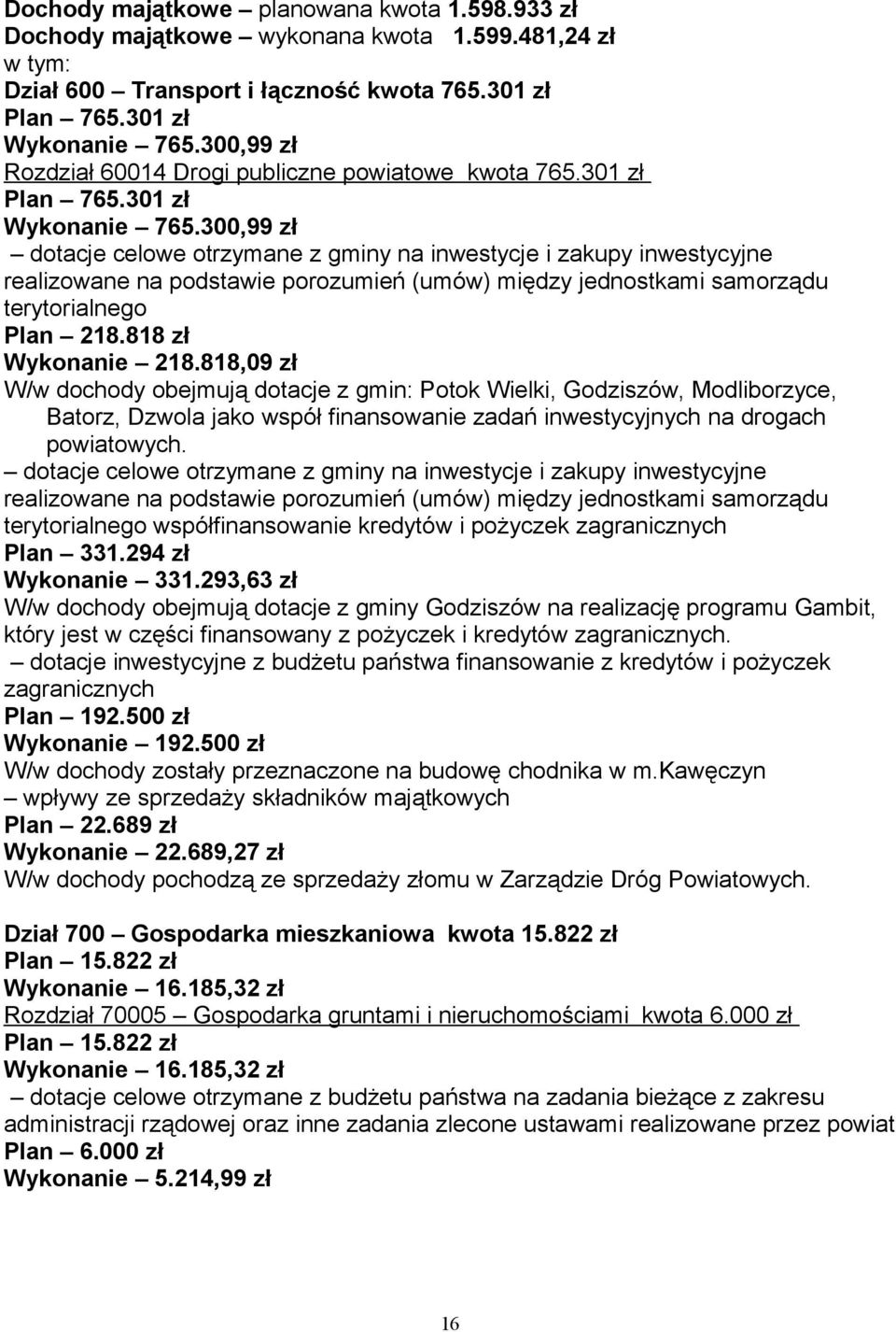 300,99 zł dotacje celowe otrzymane z gminy na inwestycje i zakupy inwestycyjne realizowane na podstawie porozumień (umów) między jednostkami samorządu terytorialnego Plan 218.818 zł Wykonanie 218.