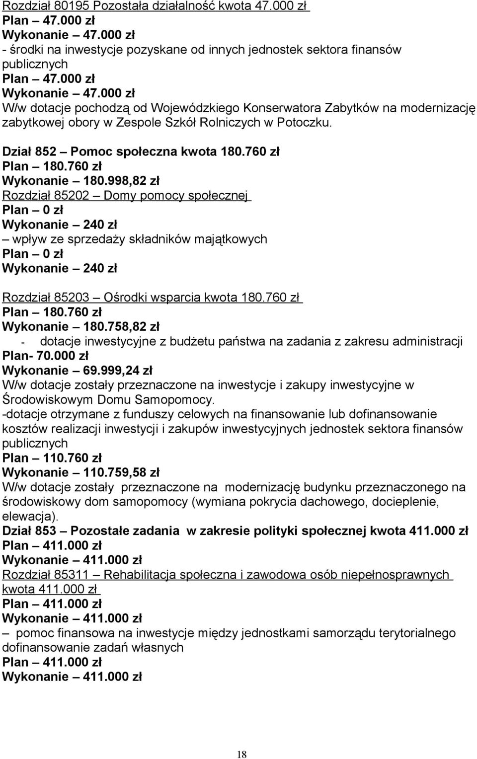 000 zł W/w dotacje pochodzą od Wojewódzkiego Konserwatora Zabytków na modernizację zabytkowej obory w Zespole Szkół Rolniczych w Potoczku. Dział 852 Pomoc społeczna kwota 180.760 zł Plan 180.