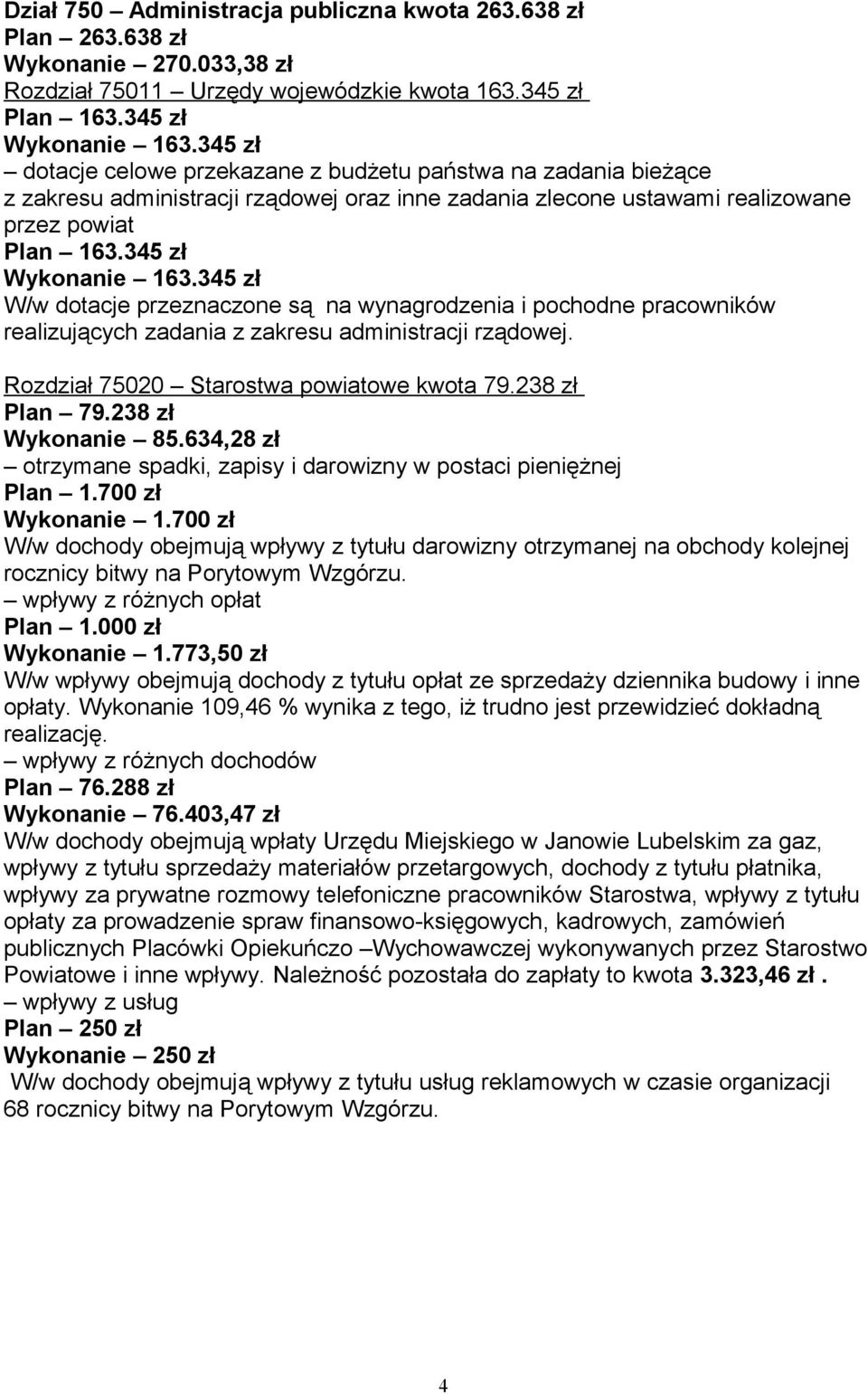 345 zł W/w dotacje przeznaczone są na wynagrodzenia i pochodne pracowników realizujących zadania z zakresu administracji rządowej. Rozdział 75020 Starostwa powiatowe kwota 79.238 zł Plan 79.