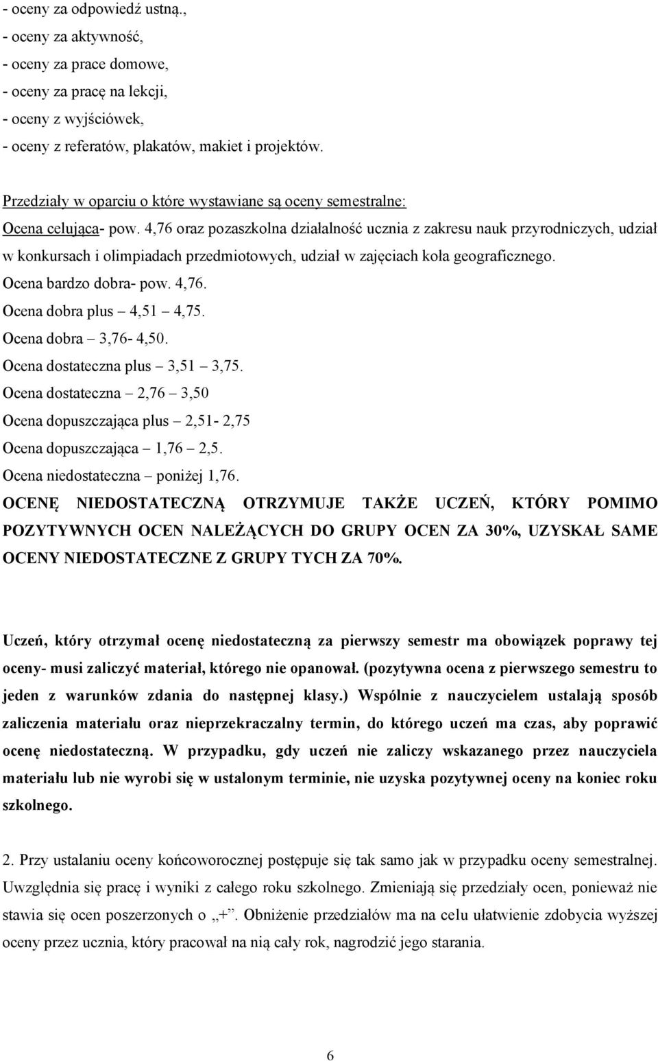 4,76 oraz pozaszkolna działalność ucznia z zakresu nauk przyrodniczych, udział w konkursach i olimpiadach przedmiotowych, udział w zajęciach koła geograficznego. Ocena bardzo dobra- pow. 4,76.