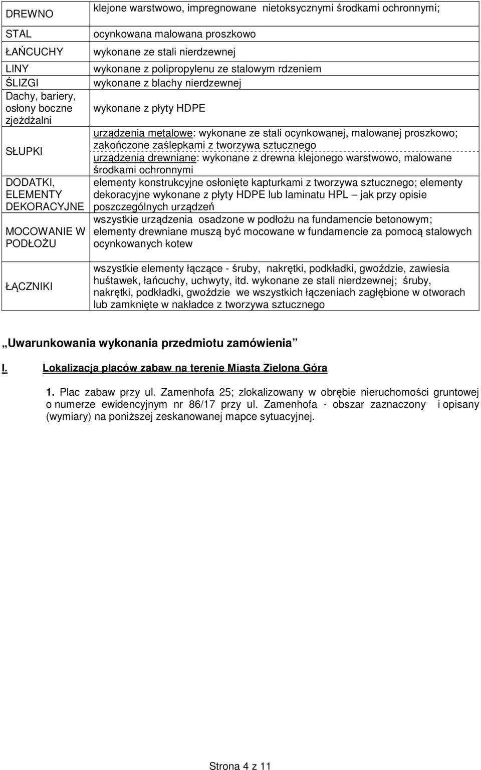 ze stali ocynkowanej, malowanej proszkowo; zakończone zaślepkami z tworzywa sztucznego urządzenia drewniane: wykonane z drewna klejonego warstwowo, malowane środkami ochronnymi elementy konstrukcyjne