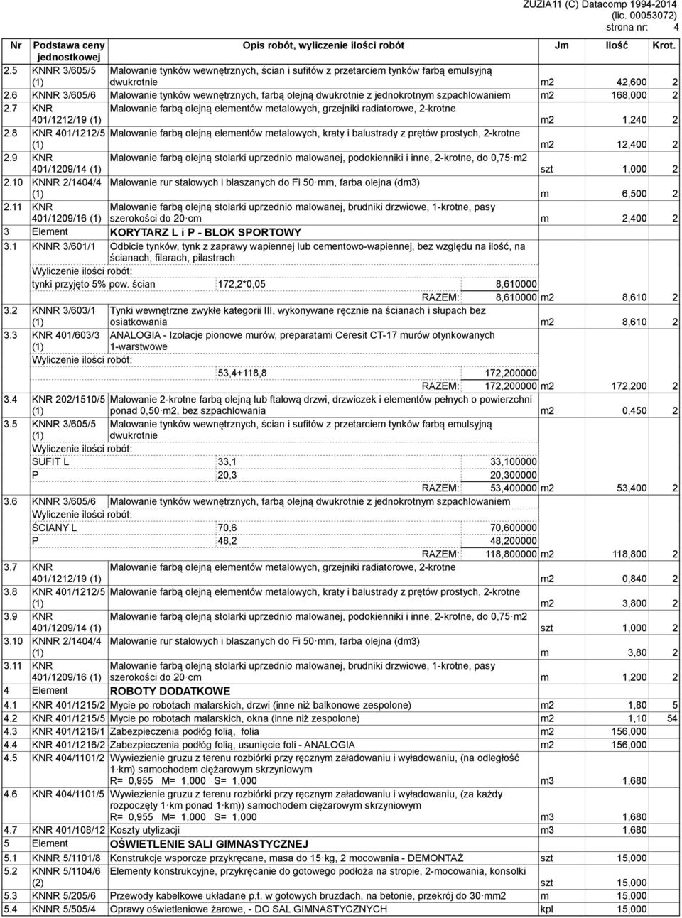 6 KNNR 3/605/6 Malowanie tynków wewnętrznych, farbą olejną dwukrotnie z jednokrotnym szpachlowaniem m2 168,000 2 2.