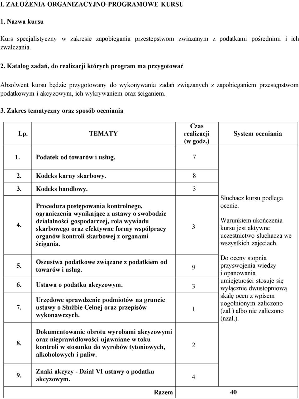 ściganiem. 3. Zakres tematyczny oraz sposób oceniania TEMATY (w godz.) System oceniania 1. Podatek od towarów i usług. 7 2. Kodeks karny skarbowy. 8 3. Kodeks handlowy. 3 4. 5.